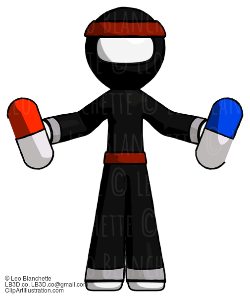 White Ninja Warrior Man Holding A Red Pill And Blue Pill #4634