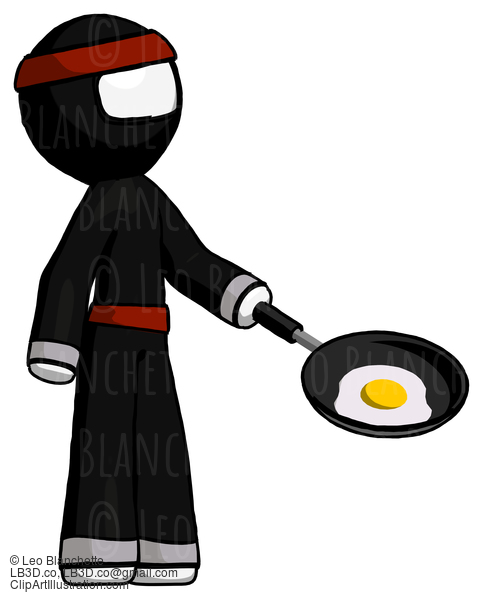 White Ninja Warrior Man Frying Egg In Pan Or Wok Facing Right #4635