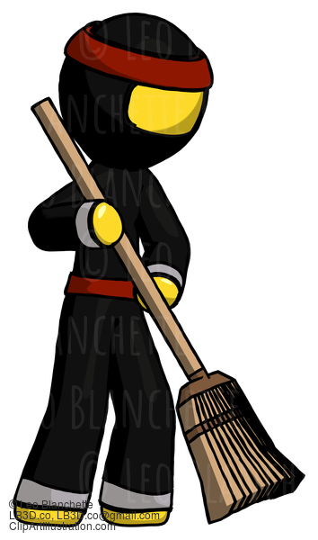 Yellow Ninja Warrior Man Sweeping Area With Broom #6482