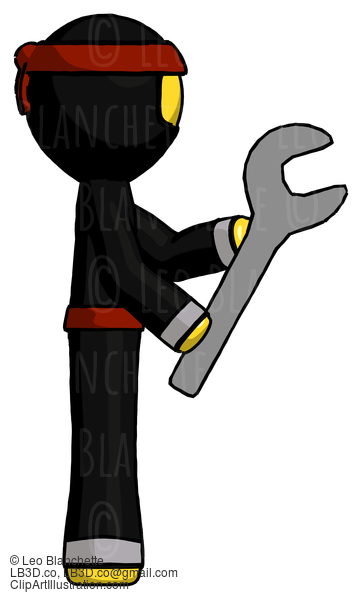 Yellow Ninja Warrior Man Using Wrench Adjusting Something To Right #6484