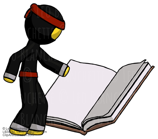 Yellow Ninja Warrior Man Reading Big Book While Standing Beside It #6487