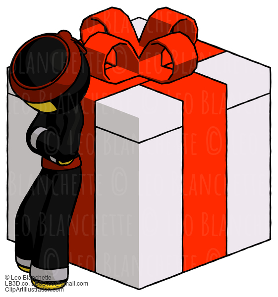 Yellow Ninja Warrior Man Leaning On Gift With Red Bow Angle View #6493