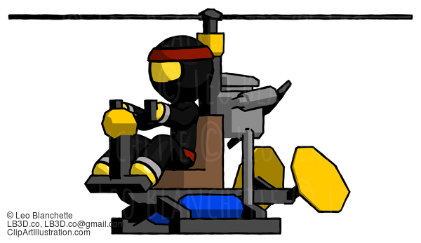 Yellow Ninja Warrior Man Flying In Gyrocopter Front Side Angle View #6497