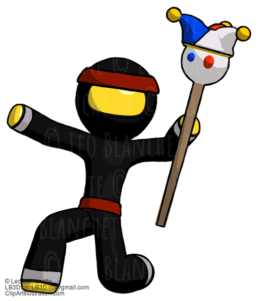 Yellow Ninja Warrior Man Holding Jester Staff Posing Charismatically #6498