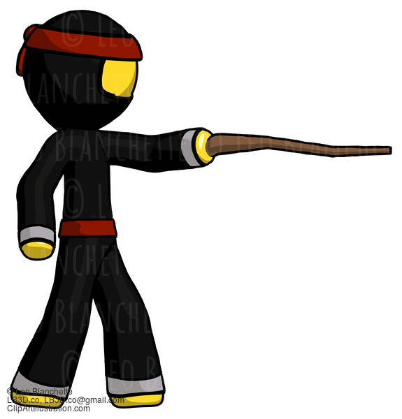 Yellow Ninja Warrior Man Pointing With Hiking Stick #6500