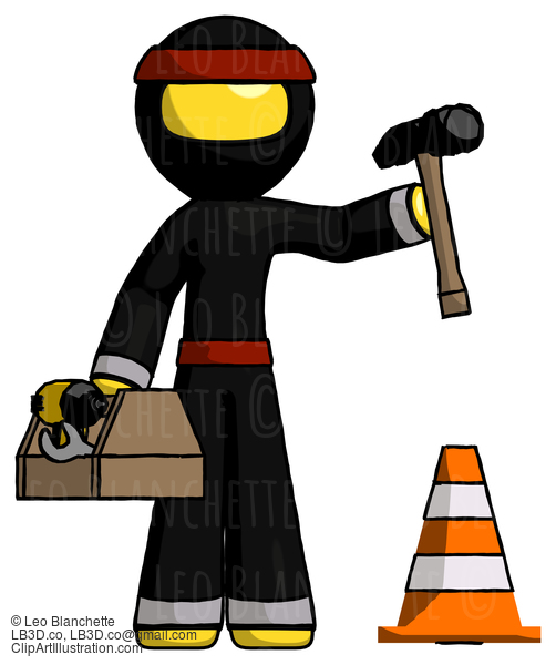 Yellow Ninja Warrior Man Under Construction Concept, Traffic Cone And Tools #6503