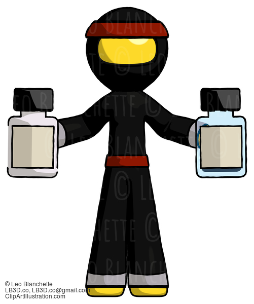 Yellow Ninja Warrior Man Holding Two Medicine Bottles #6517