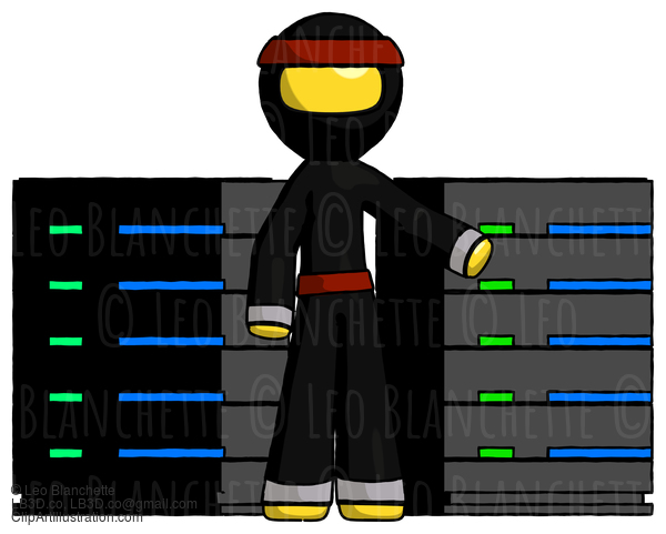 Yellow Ninja Warrior Man With Server Racks, In Front Of Two Networked Systems #6521