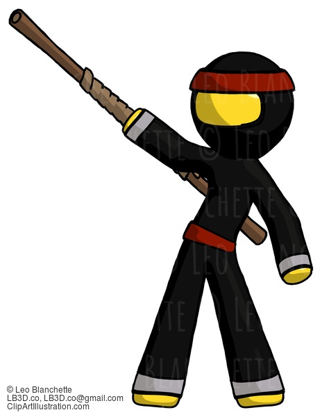 Yellow Ninja Warrior Man Bo Staff Pointing Up Pose #6524