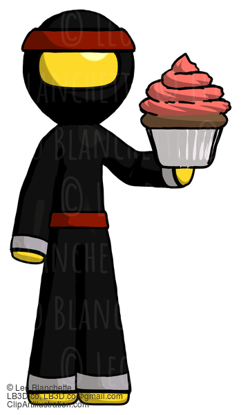 Yellow Ninja Warrior Man Presenting Pink Cupcake To Viewer #6525