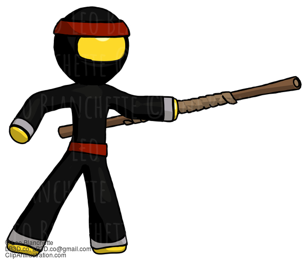 Yellow Ninja Warrior Man Bo Staff Pointing Right Kung Fu Pose #6531