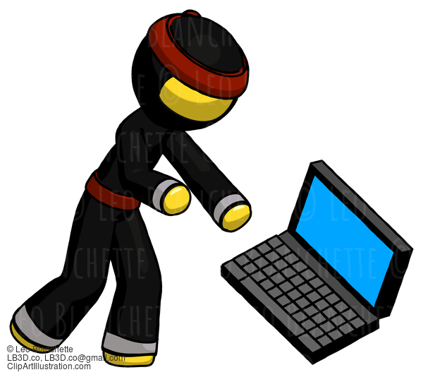 Yellow Ninja Warrior Man Throwing Laptop Computer In Frustration #6533