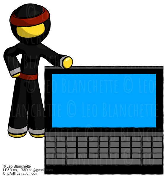 Yellow Ninja Warrior Man Beside Large Laptop Computer, Leaning Against It #6564