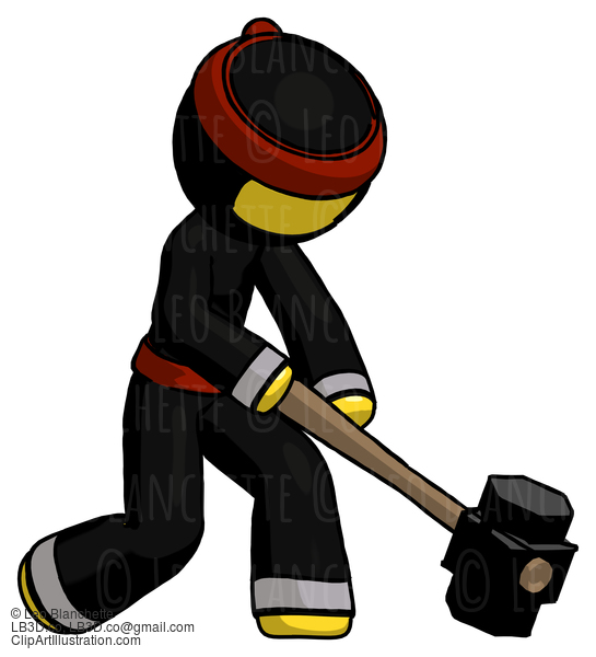 Yellow Ninja Warrior Man Hitting With Sledgehammer, Or Smashing Something At Angle #6567