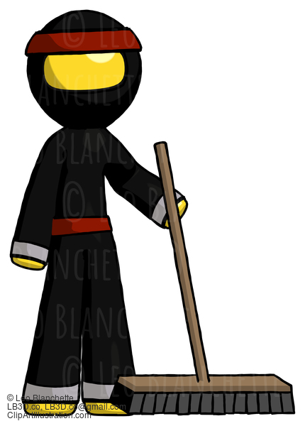 Yellow Ninja Warrior Man Standing With Industrial Broom #6575