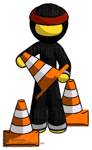 Yellow Ninja Warrior Man Holding A Traffic Cone #6581