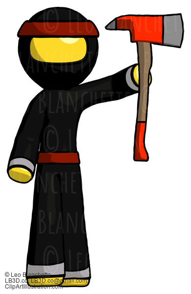 Yellow Ninja Warrior Man Holding Up Red Firefighter’S Ax #6583