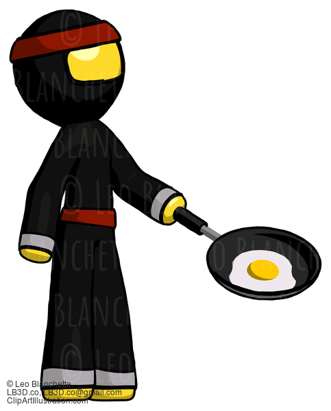 Yellow Ninja Warrior Man Frying Egg In Pan Or Wok Facing Right #6589