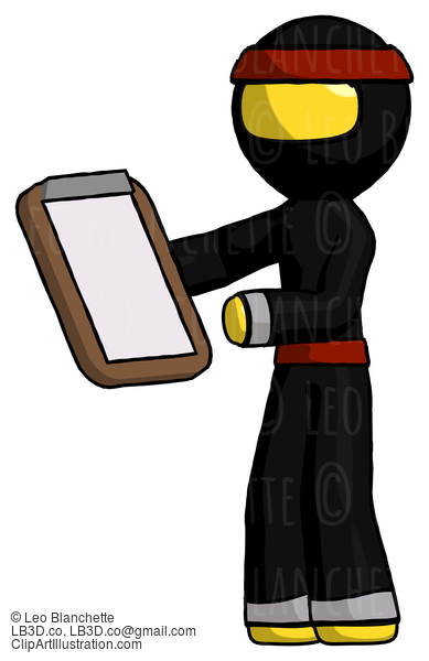 Yellow Ninja Warrior Man Reviewing Stuff On Clipboard #6598