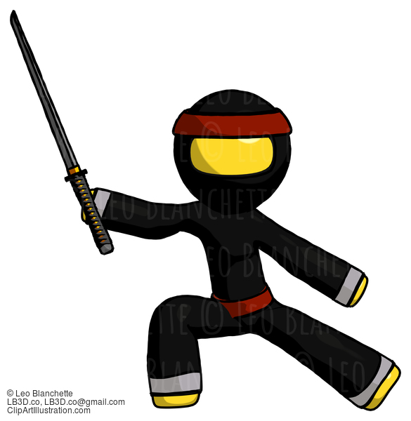 Yellow Ninja Warrior Man With Ninja Sword Katana In Defense Pose #6599