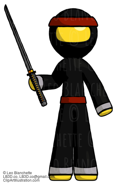 Yellow Ninja Warrior Man Standing Up With Ninja Sword Katana #6606