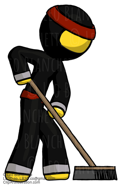 Yellow Ninja Warrior Man Cleaning Services Janitor Sweeping Side View #6616