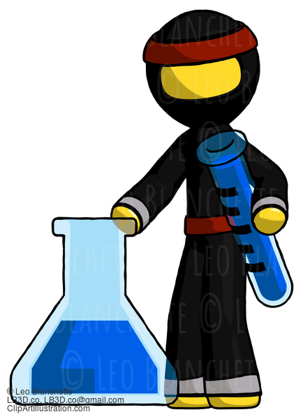 Yellow Ninja Warrior Man Holding Test Tube Beside Beaker Or Flask #6625