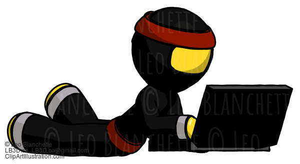 Yellow Ninja Warrior Man Using Laptop Computer While Lying On Floor Side Angled View #6627