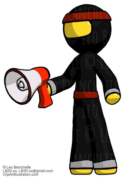 Yellow Ninja Warrior Man Holding Megaphone Bullhorn Facing Right #6654