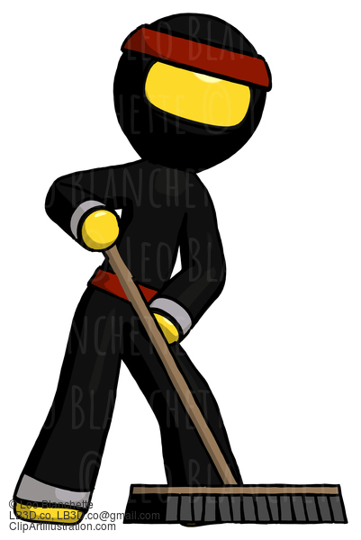 Yellow Ninja Warrior Man Cleaning Services Janitor Sweeping Floor With Push Broom #6656