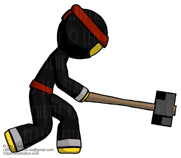 Yellow Ninja Warrior Man Hitting With Sledgehammer, Or Smashing Something #6664