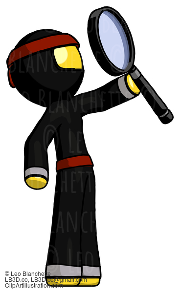 Yellow Ninja Warrior Man Inspecting With Large Magnifying Glass Facing Up #6665