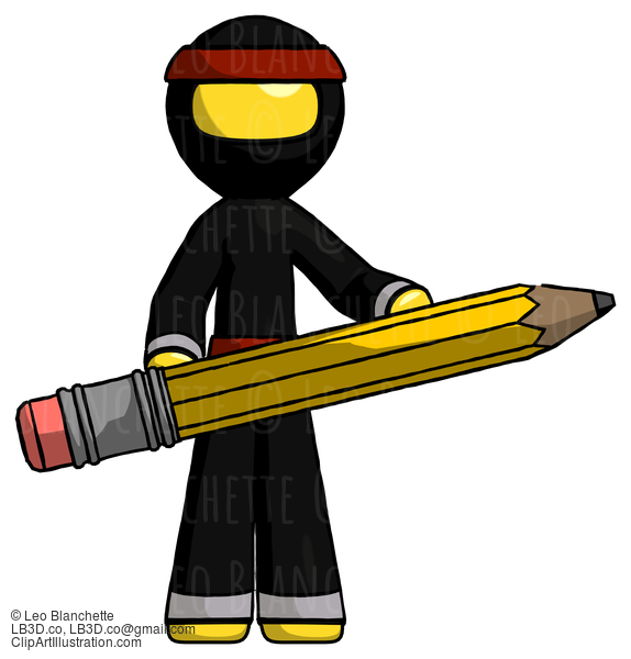 Yellow Ninja Warrior Man Writer Or Blogger Holding Large Pencil #6673