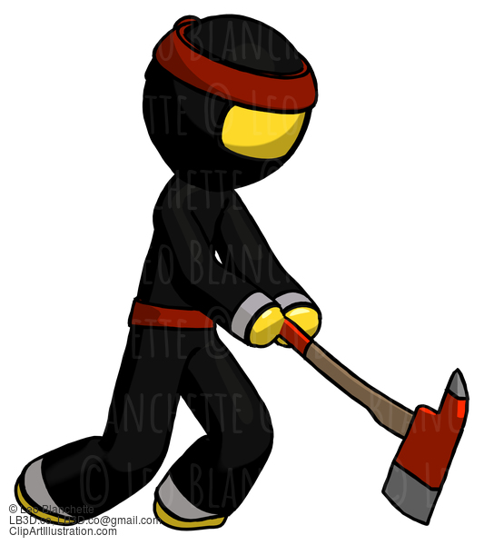 Yellow Ninja Warrior Man Striking With A Red Firefighter’S Ax #6679