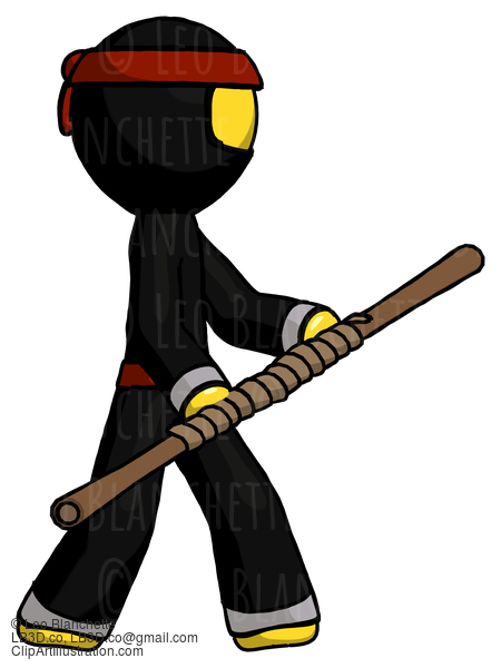 Yellow Ninja Warrior Man Holding Bo Staff In Sideways Defense Pose #6680