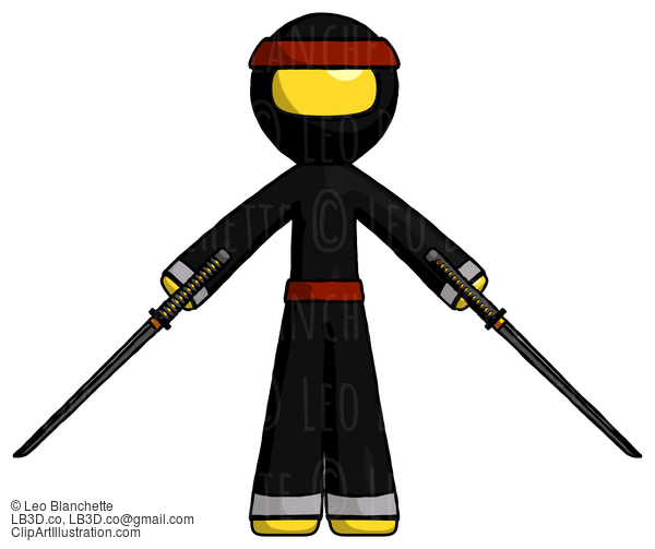 Yellow Ninja Warrior Man Posing With Two Ninja Sword Katanas #6694