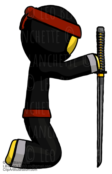 Yellow Ninja Warrior Man Kneeling With Ninja Sword Katana Showing Respect #6708