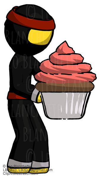 Yellow Ninja Warrior Man Holding Large Cupcake Ready To Eat Or Serve #6710