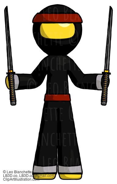 Yellow Ninja Warrior Man Posing With Two Ninja Sword Katanas Up #6711