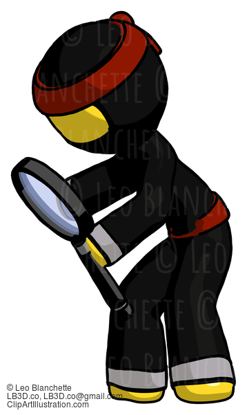 Yellow Ninja Warrior Man Inspecting With Large Magnifying Glass Left #6713