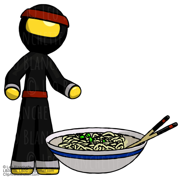 Yellow Ninja Warrior Man And Noodle Bowl, Giant Soup Restaraunt Concept #6716