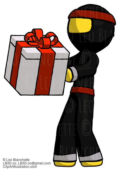 Yellow Ninja Warrior Man Presenting A Present With Large Red Bow On It #6717