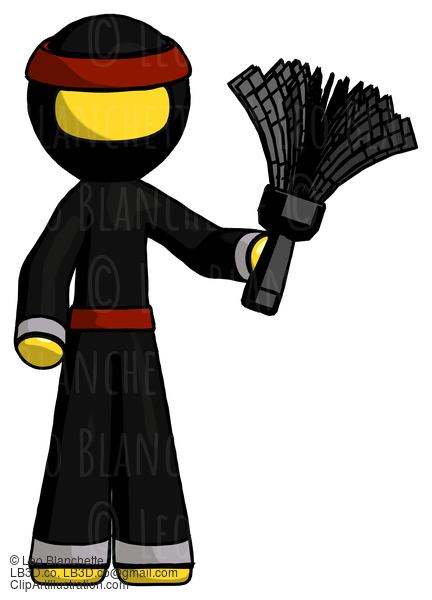 Yellow Ninja Warrior Man Holding Feather Duster Facing Forward #6728