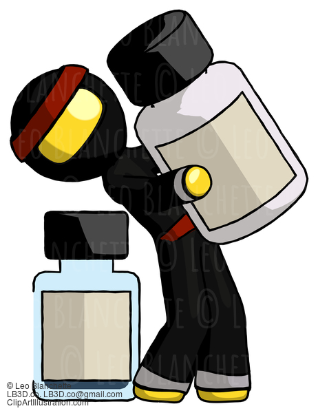 Yellow Ninja Warrior Man Holding Large White Medicine Bottle With Bottle In Background #6736