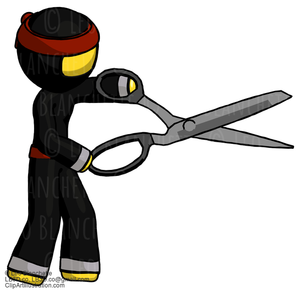 Yellow Ninja Warrior Man Holding Giant Scissors Cutting Out Something #6738