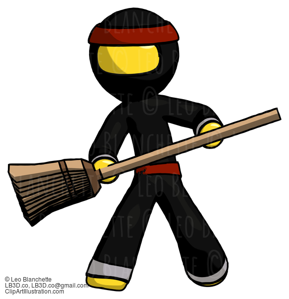 Yellow Ninja Warrior Man Broom Fighter Defense Pose #6743