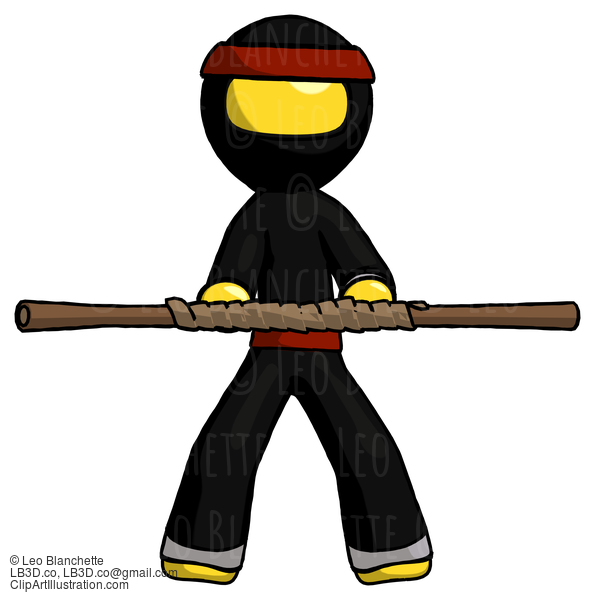 Yellow Ninja Warrior Man Bo Staff Kung Fu Defense Pose #6754