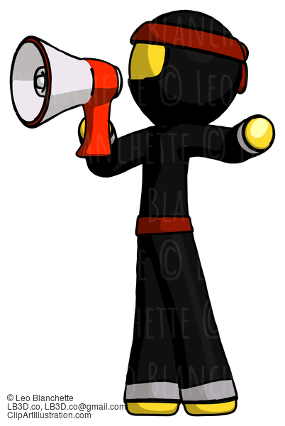 Yellow Ninja Warrior Man Shouting Into Megaphone Bullhorn Facing Left #6761