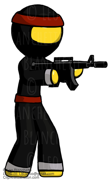 Yellow Ninja Warrior Man Shooting Automatic Assault Weapon #6763