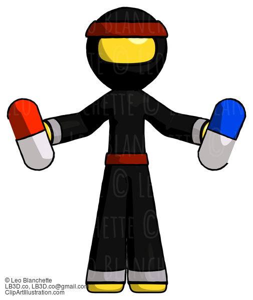 Yellow Ninja Warrior Man Holding A Red Pill And Blue Pill #6766